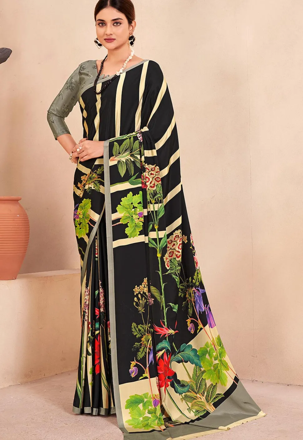 Digital Printed Crepe Silk Saree in Black and Multicolor