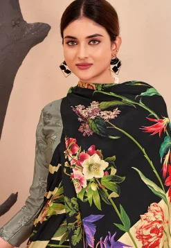 Digital Printed Crepe Silk Saree in Black and Multicolor