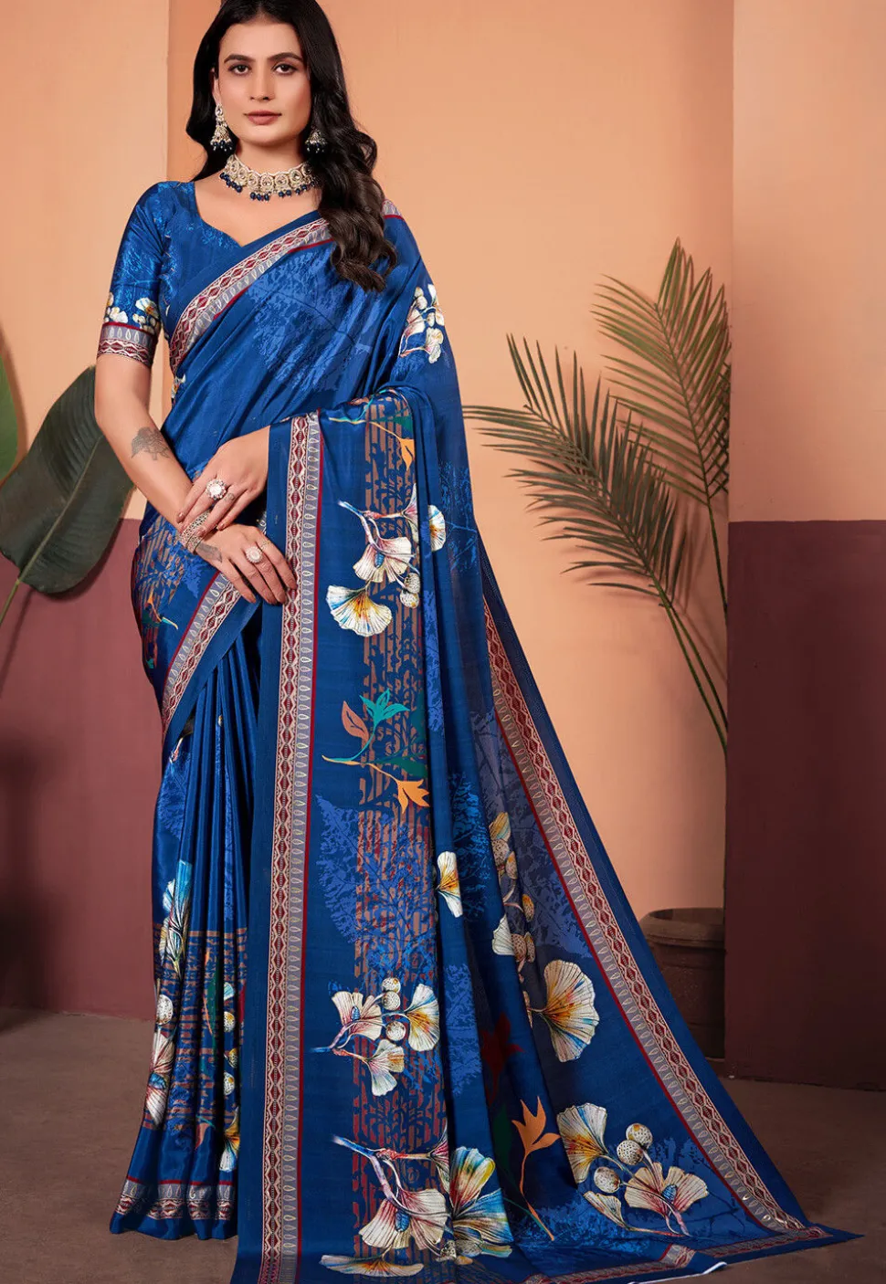 Digital Printed Crepe Silk Saree in Blue