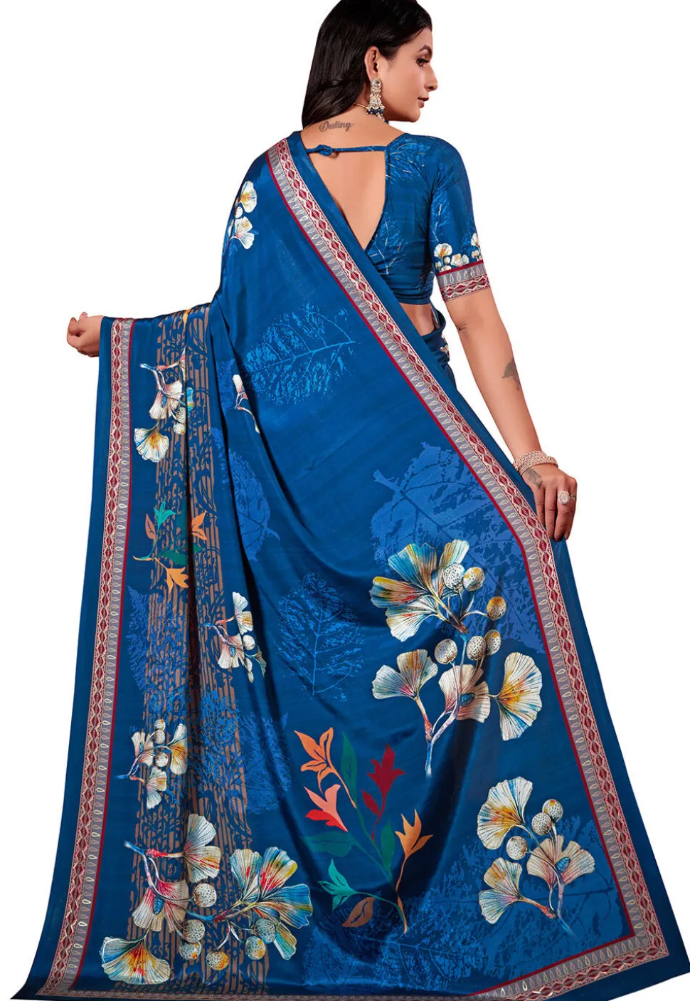 Digital Printed Crepe Silk Saree in Blue