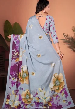 Digital Printed Crepe Silk Saree in Grey
