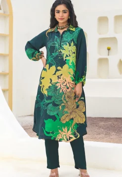 Digital Printed Crepe Straight Kurta Set in Dark Green