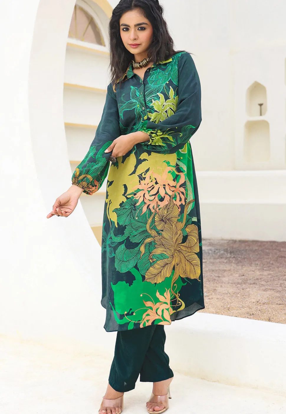 Digital Printed Crepe Straight Kurta Set in Dark Green