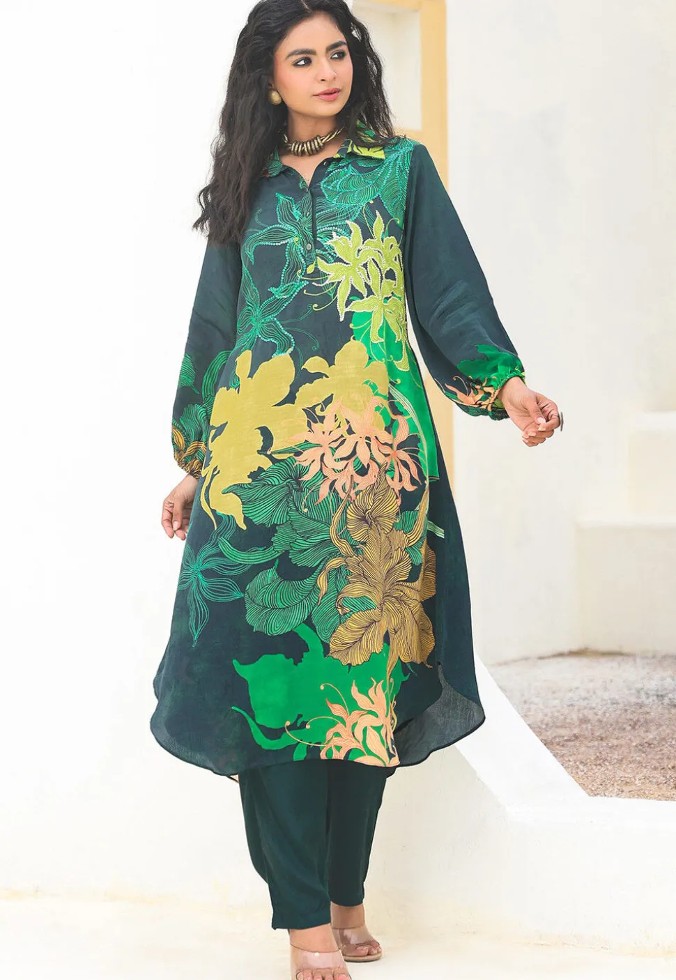 Digital Printed Crepe Straight Kurta Set in Dark Green
