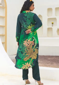 Digital Printed Crepe Straight Kurta Set in Dark Green