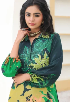Digital Printed Crepe Straight Kurta Set in Dark Green
