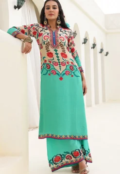 Digital Printed Crepe Straight Kurta Set in Cream and Sea Green