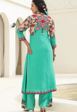 Digital Printed Crepe Straight Kurta Set in Cream and Sea Green