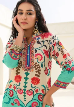 Digital Printed Crepe Straight Kurta Set in Cream and Sea Green