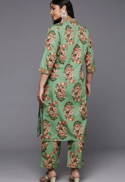 Digital Printed Crepe Straight Kurta Set in Green