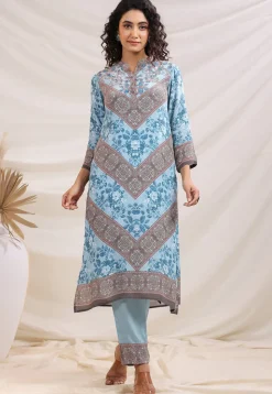 Digital Printed Crepe Straight Kurta Set in Sky Blue