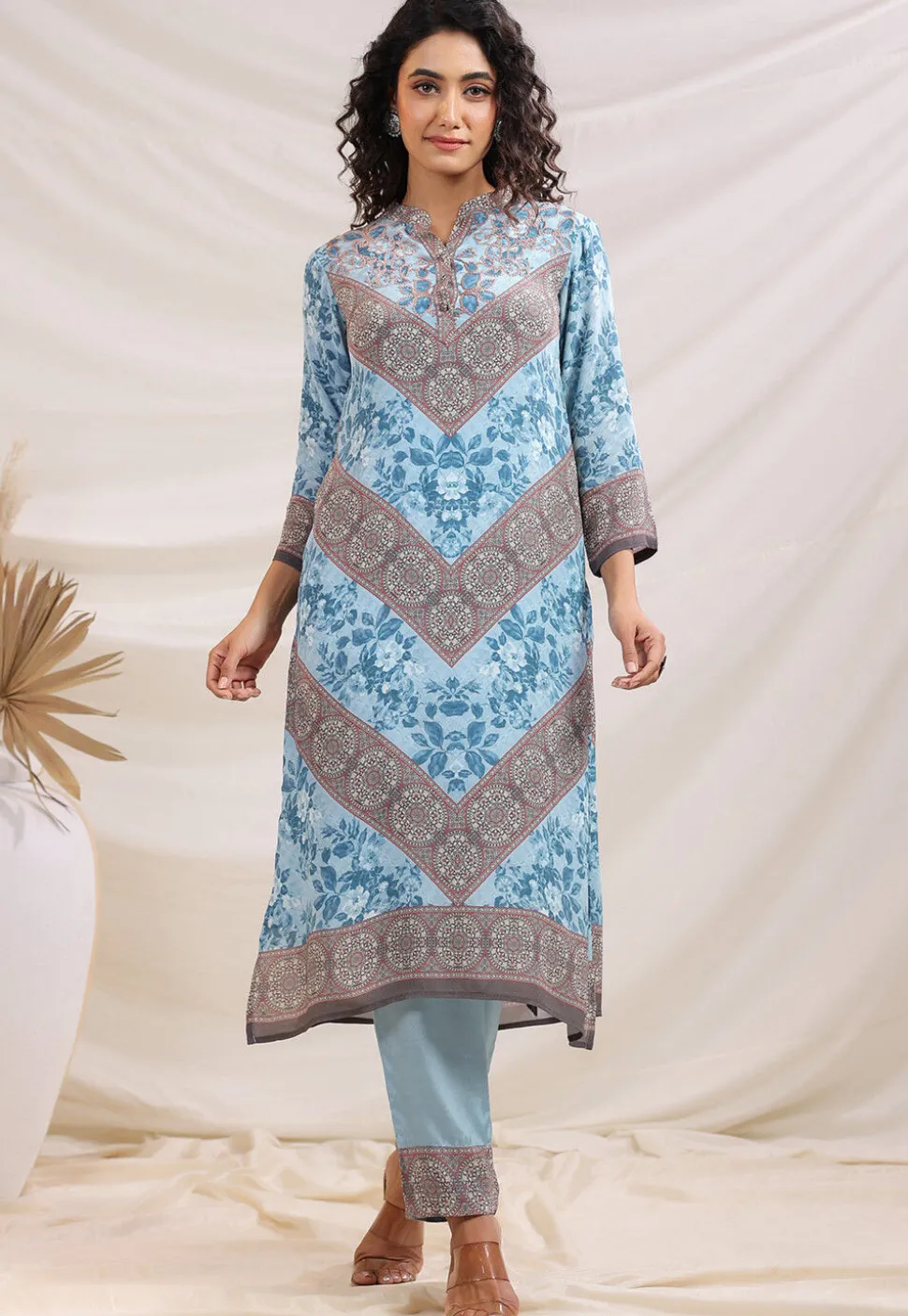 Digital Printed Crepe Straight Kurta Set in Sky Blue