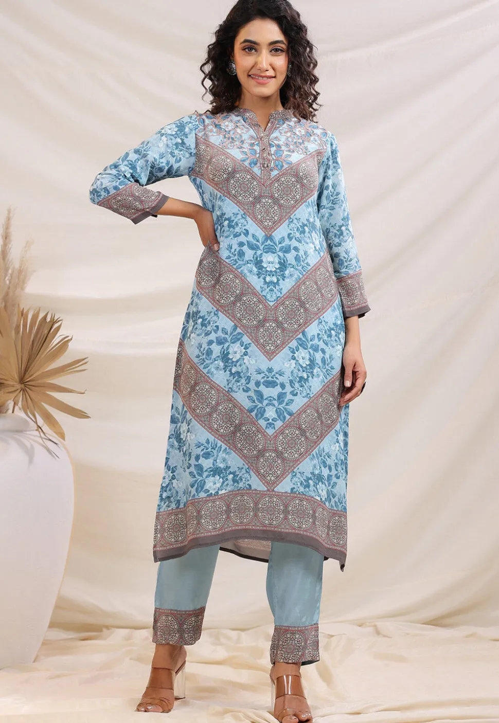 Digital Printed Crepe Straight Kurta Set in Sky Blue
