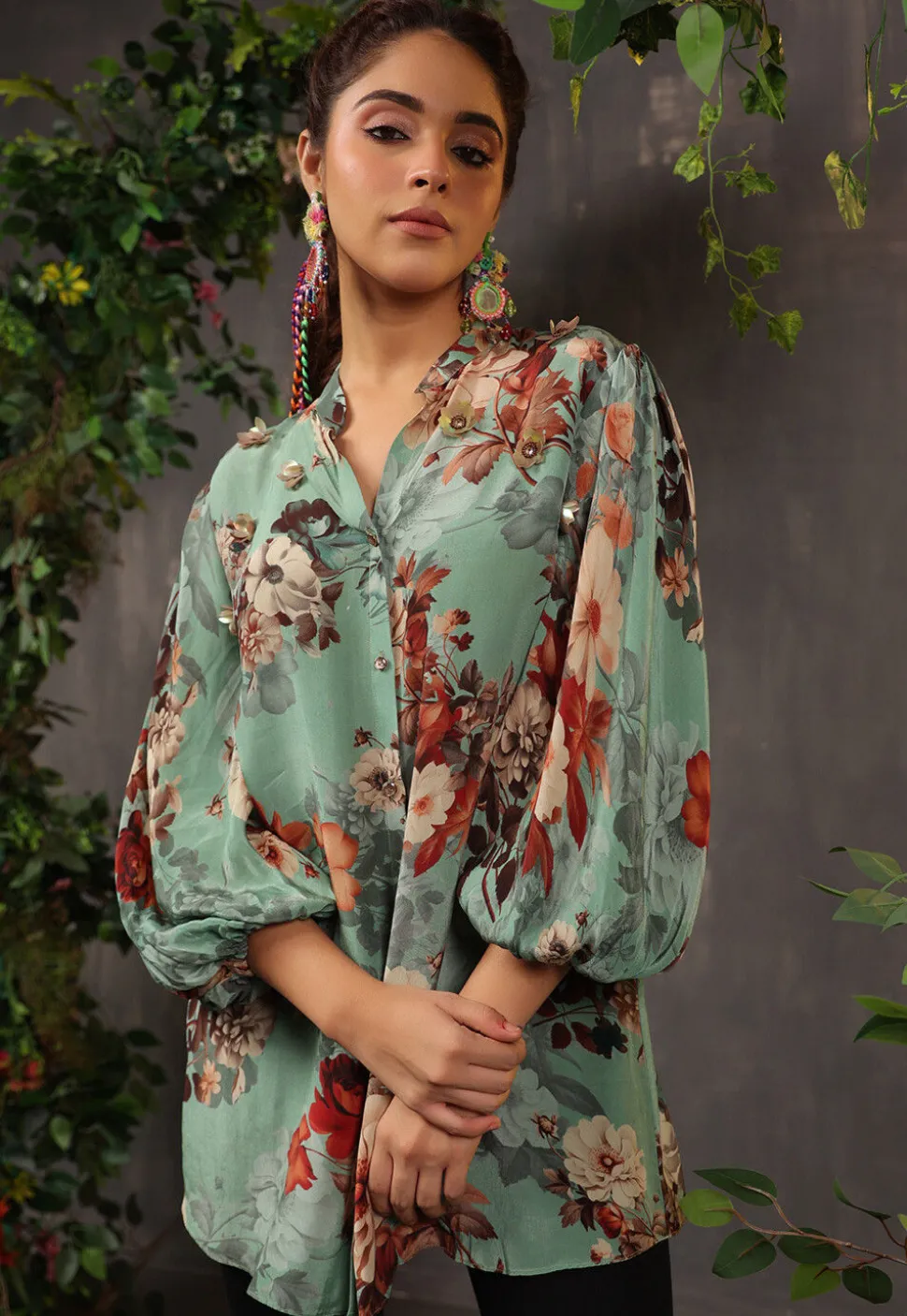 Digital Printed Crepe Tunic in Green