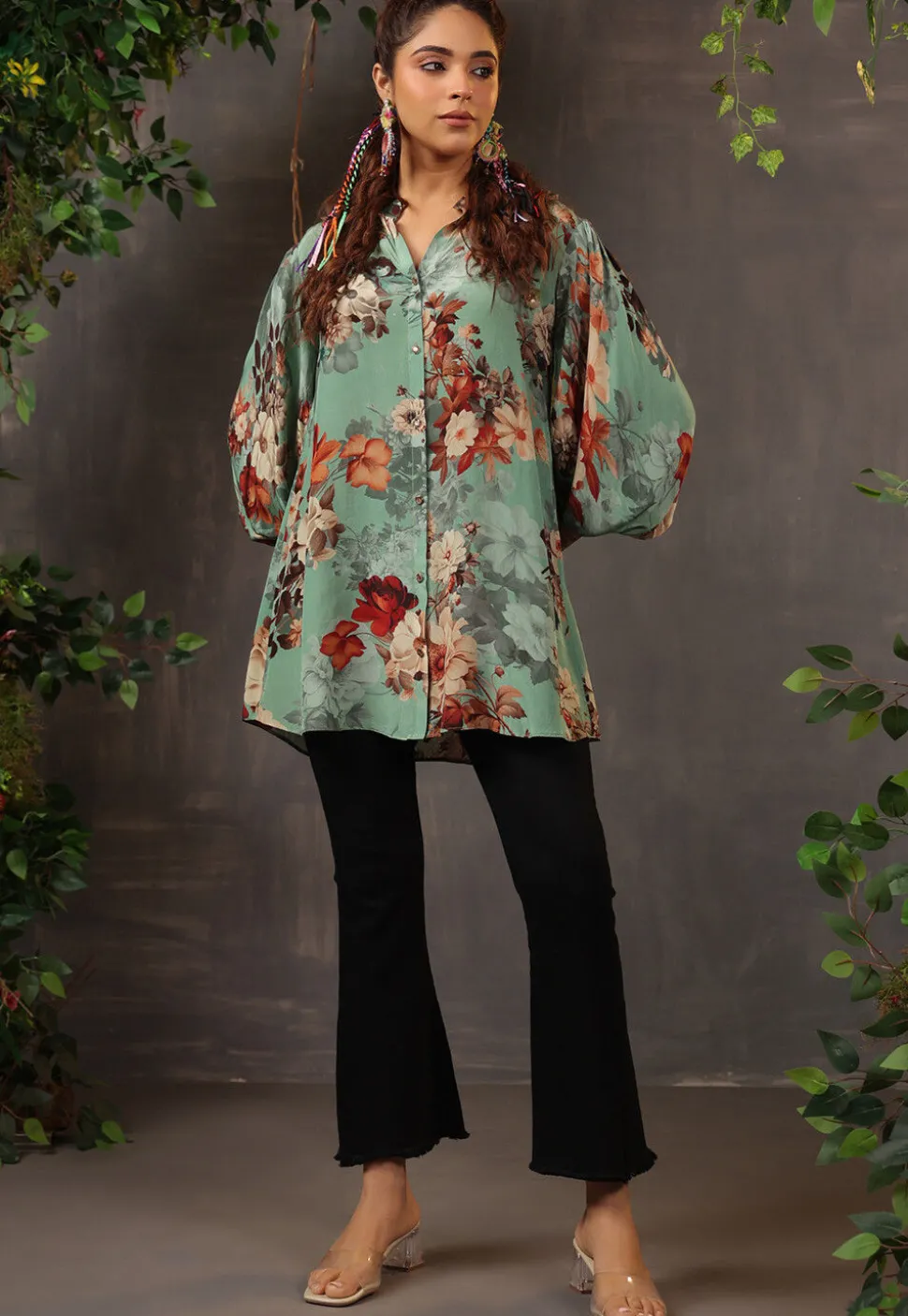 Digital Printed Crepe Tunic in Green