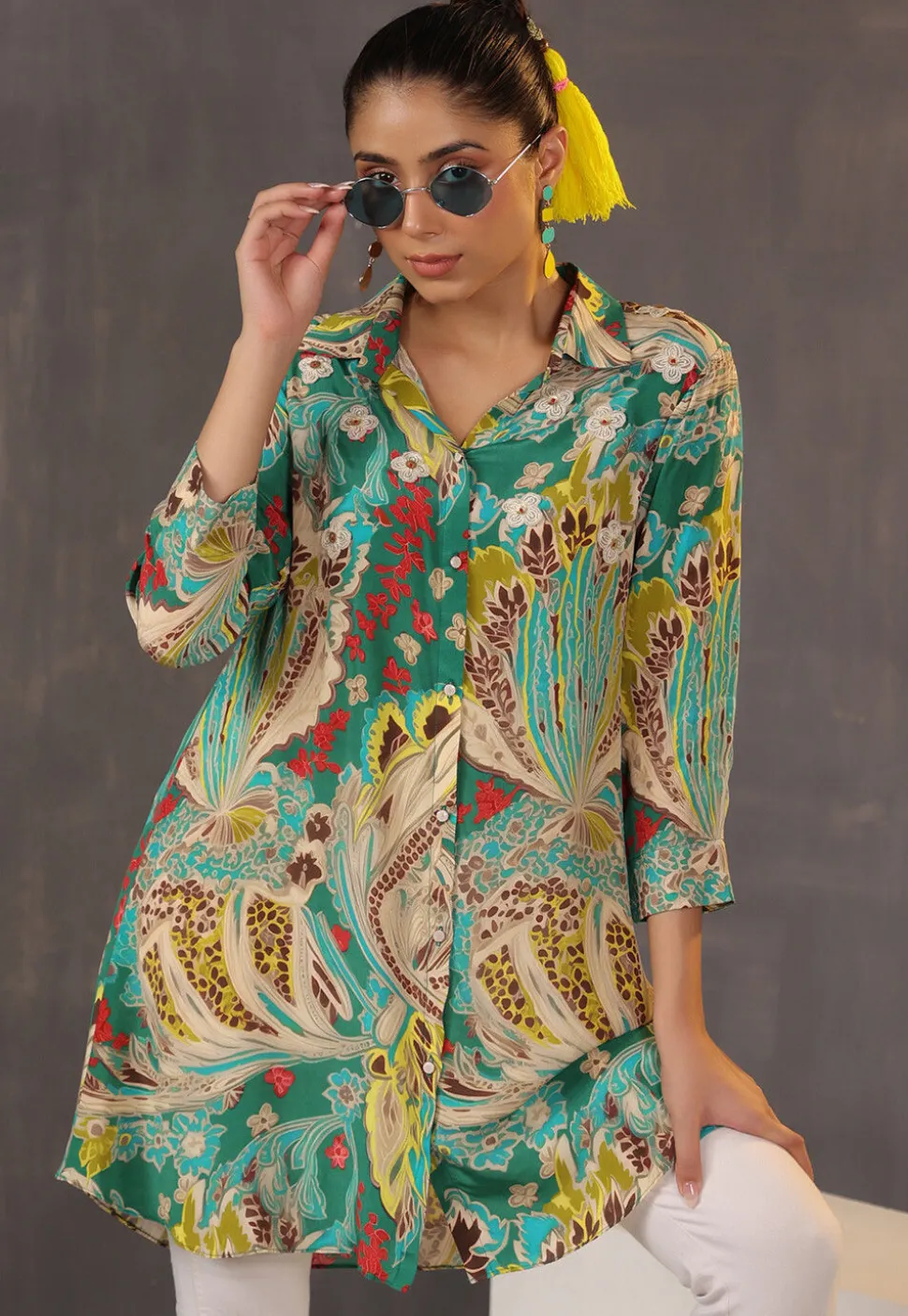 Digital Printed Crepe Tunic in Green and Multicolor