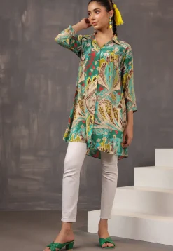 Digital Printed Crepe Tunic in Green and Multicolor