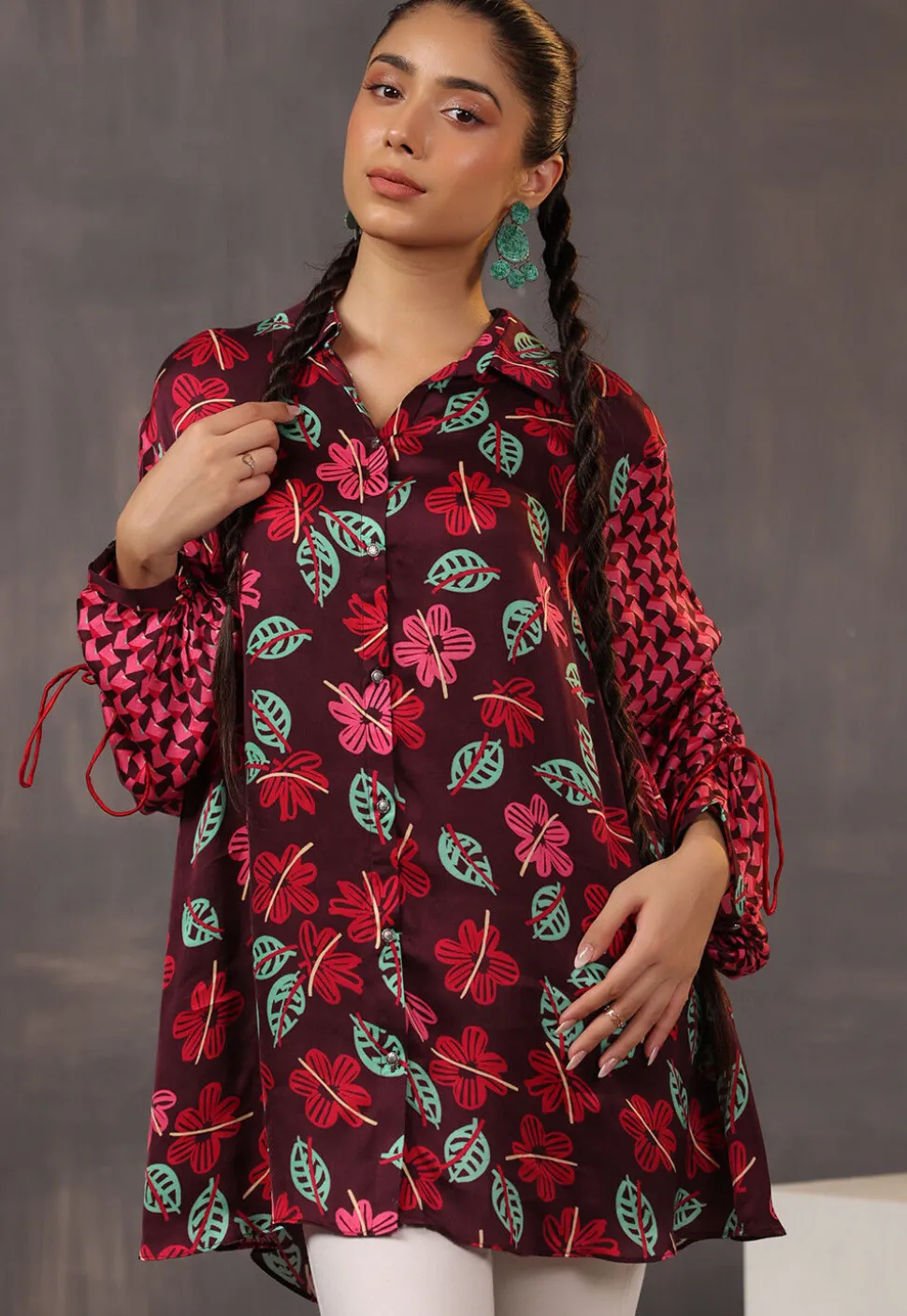 Digital Printed Crepe Tunic in Wine