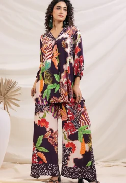 Digital Printed Crepe Tunic Set in Violet