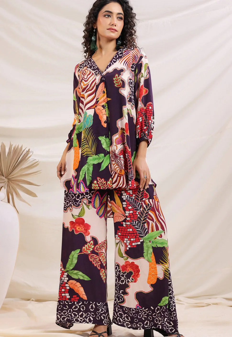 Digital Printed Crepe Tunic Set in Violet