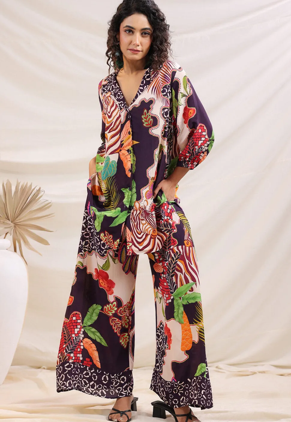 Digital Printed Crepe Tunic Set in Violet