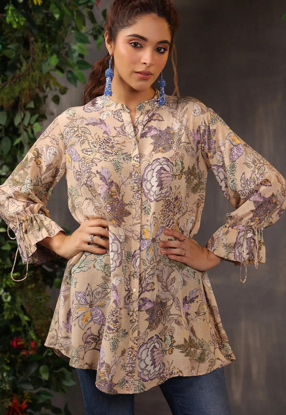 Digital Printed Crepe Tunic in Light Beige
