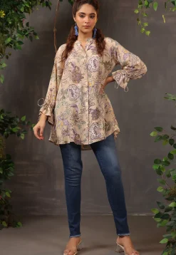 Digital Printed Crepe Tunic in Light Beige
