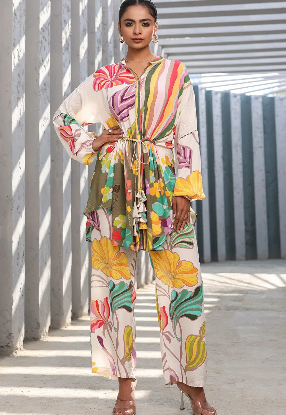 Digital Printed Crepe Tunic Set in White and Multicolor