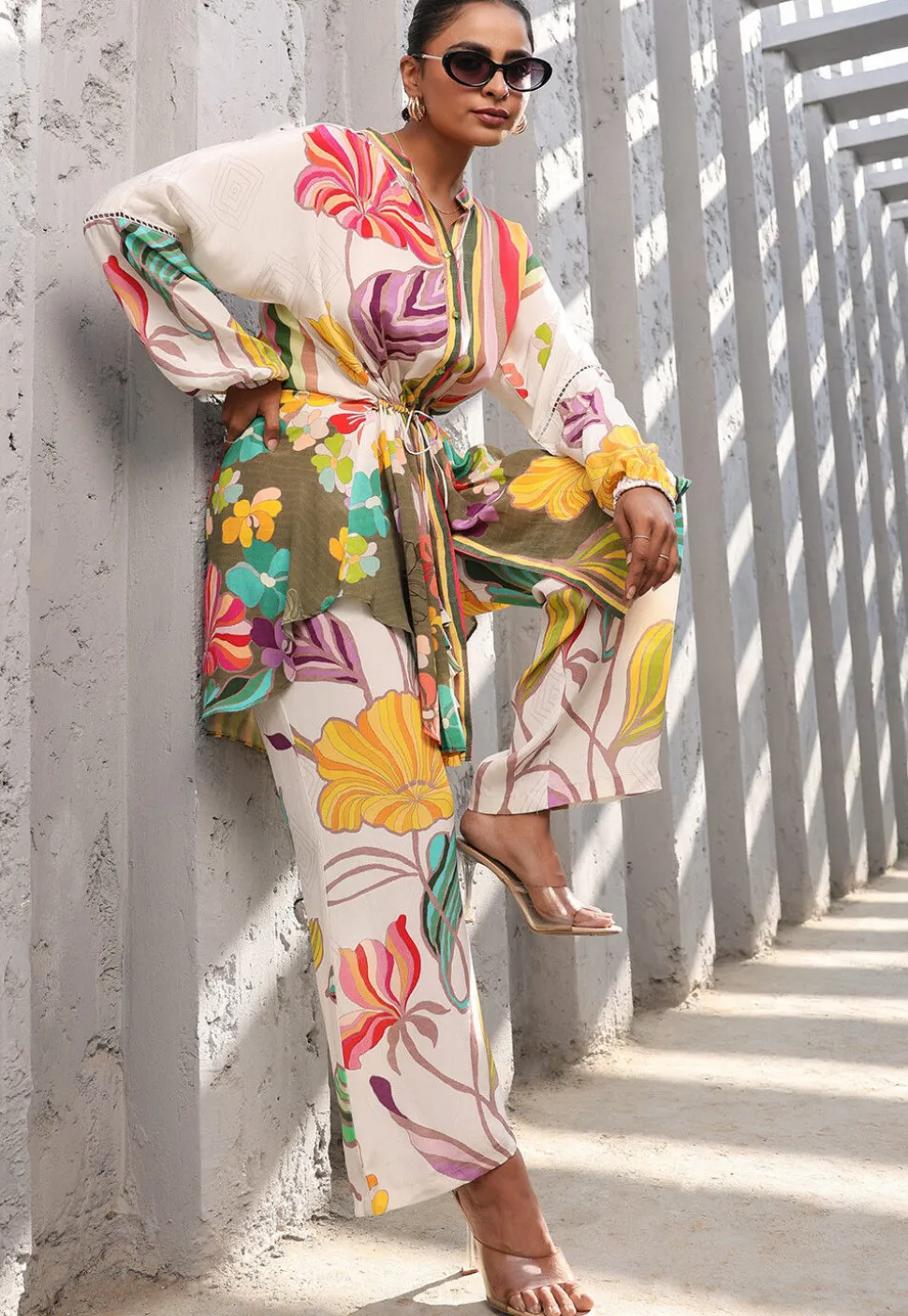 Digital Printed Crepe Tunic Set in White and Multicolor