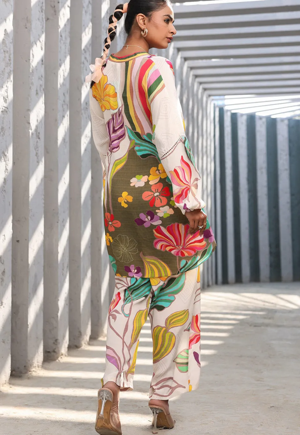 Digital Printed Crepe Tunic Set in White and Multicolor