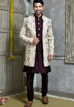 Digital Printed Dupion Silk Sherwani in Wine