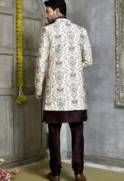 Digital Printed Dupion Silk Sherwani in Wine
