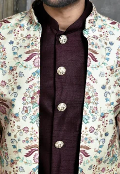 Digital Printed Dupion Silk Sherwani in Wine