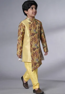 Digital Printed Dupion Silk Sherwani Set in Beige