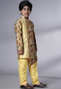 Digital Printed Dupion Silk Sherwani Set in Beige
