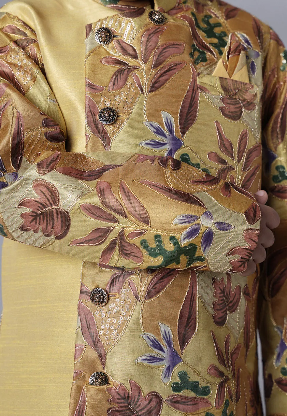 Digital Printed Dupion Silk Sherwani Set in Beige