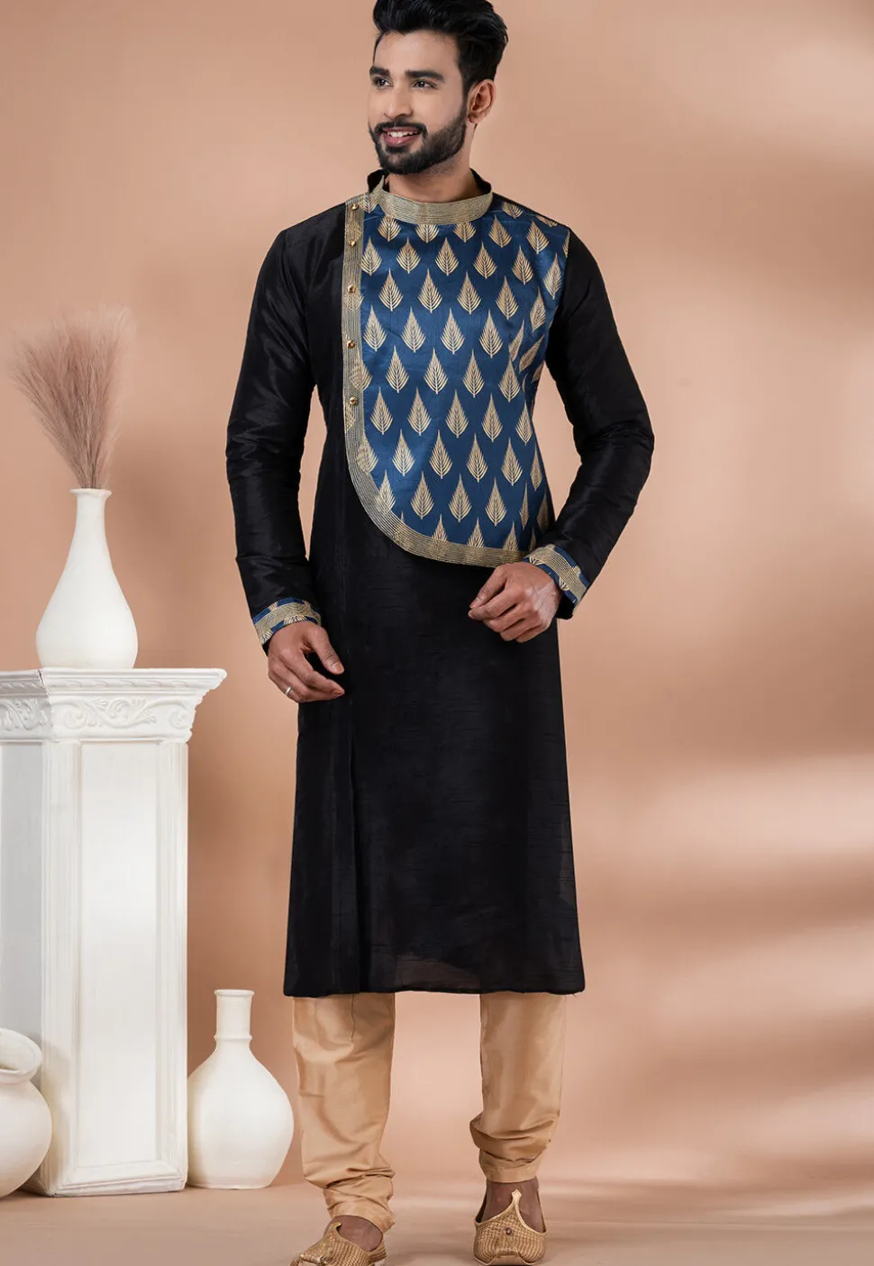 Digital Printed Dupion Silk Kurta Set in Black