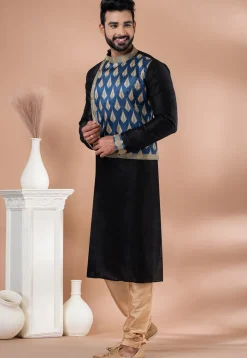 Digital Printed Dupion Silk Kurta Set in Black