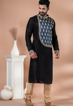 Digital Printed Dupion Silk Kurta Set in Black