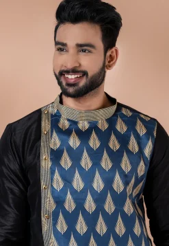 Digital Printed Dupion Silk Kurta Set in Black