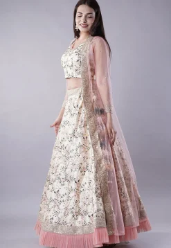 Digital Printed Dupion Silk Crop Top Set in Beige