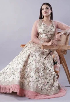 Digital Printed Dupion Silk Crop Top Set in Beige