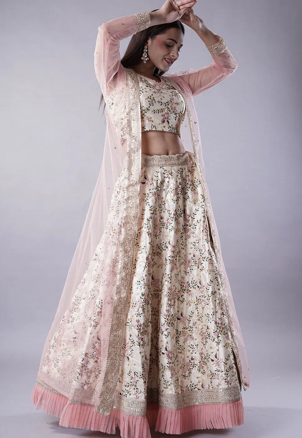 Digital Printed Dupion Silk Crop Top Set in Beige