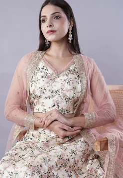 Digital Printed Dupion Silk Crop Top Set in Beige