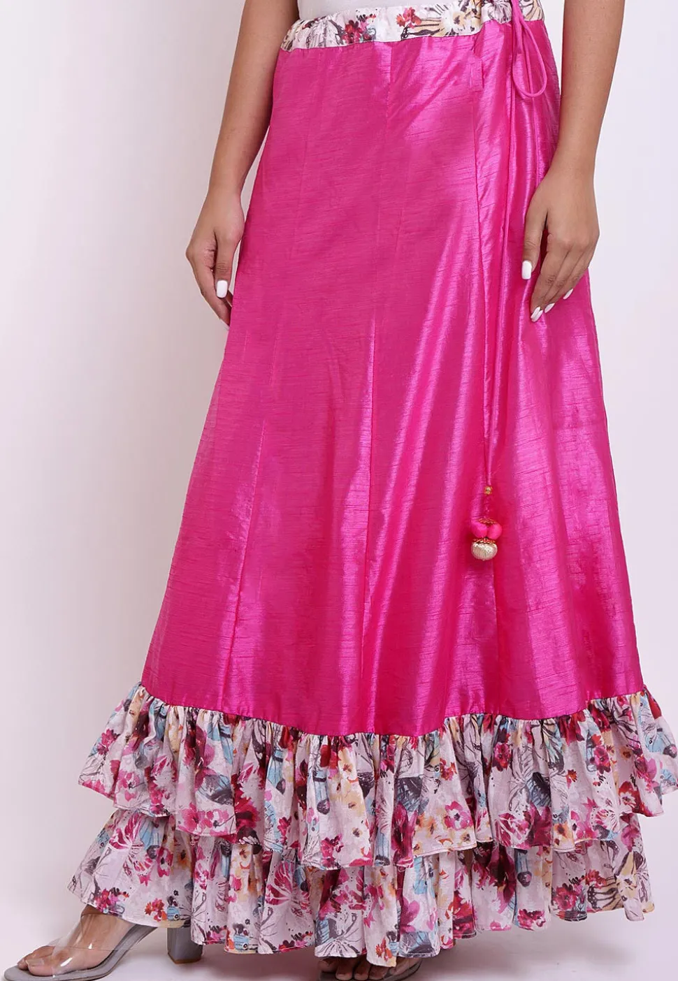 Digital Printed Dupion Silk Layered Ruffled Skirt in Fuchsia