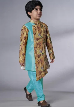 Digital Printed Dupion Silk Sherwani Set in Beige and Blue