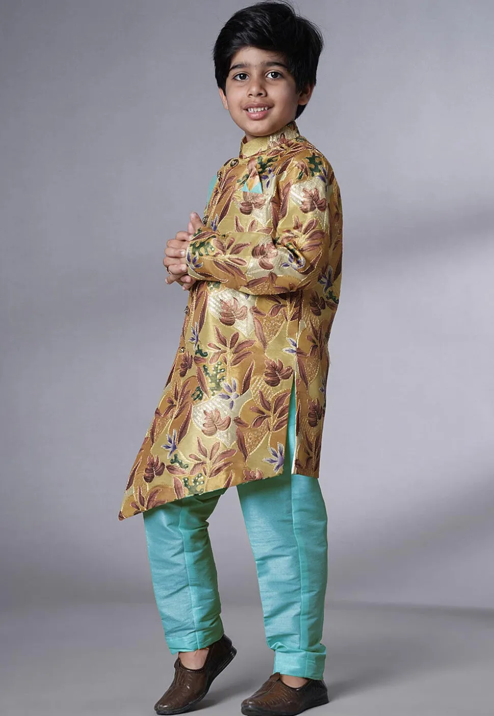 Digital Printed Dupion Silk Sherwani Set in Beige and Blue