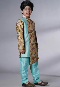 Digital Printed Dupion Silk Sherwani Set in Beige and Blue