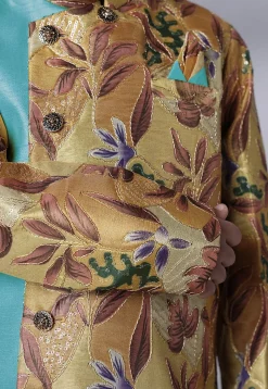 Digital Printed Dupion Silk Sherwani Set in Beige and Blue