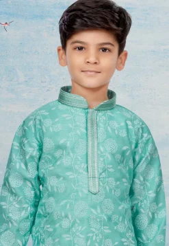 Digital Printed Dupion Silk Kurta Set in Sea Green